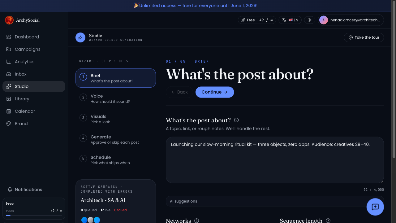 ArchySocial campaign wizard — write a brief, pick networks, generate 15 posts